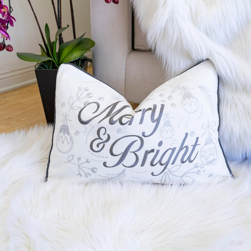 Coussin Merry & Bright Christmas - Coussin lombaire en velours doux avec une élégante broderie argentée pour un décor des Fêtes