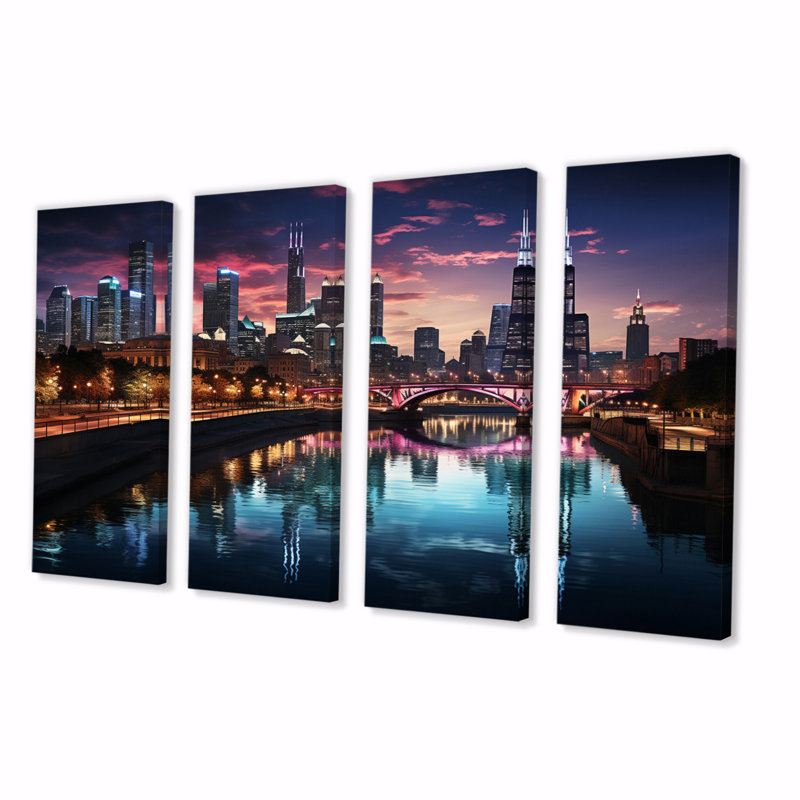 Chicago Cityscape By Night IV - décoration murale Chicago - 4 panneaux