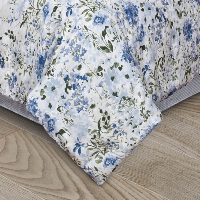 Kourtney Blue Floral Queen Comforter Set with Gingham Accents