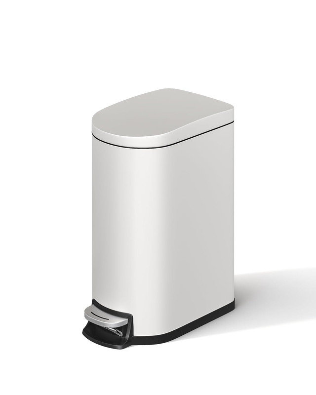 2.6 gal Metal Bathroom Trash Can with Lid, Slim Step-on Garbage Bin with Soft Close & Inner Bucket, White