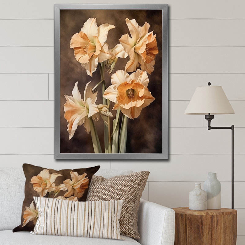 " Brown Green Daffodils Natures Impression ", 20" H x 12" W x 1" D, Silver Single Picture Framed