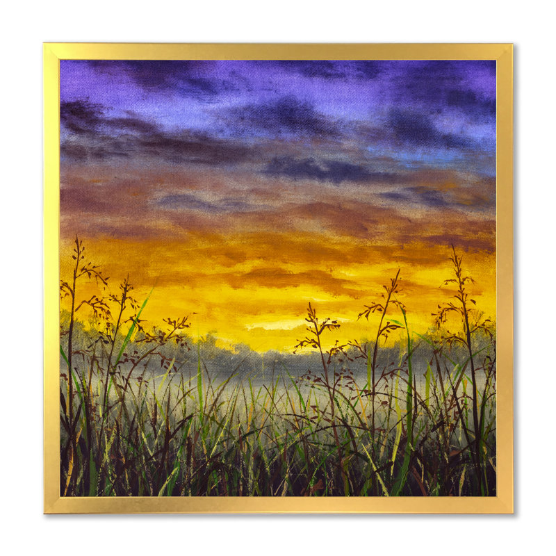 Coucher de soleil sur un champ d'herbe - Peinture, L 36 po x H 36 po, Impression dorée sur toile encadrée