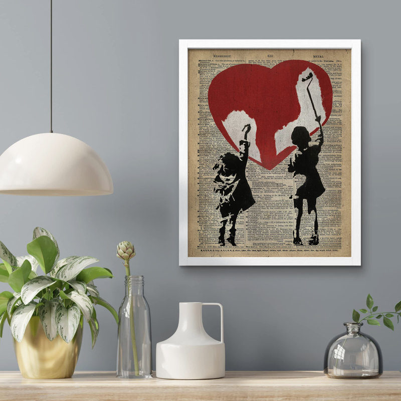 "Deux enfants peignant un journal rétro rouge", Blanc, H 14 po x l 11 po