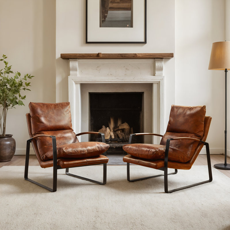 Mid Century Accent Genuine Leahter Lounge Chair, Cognac