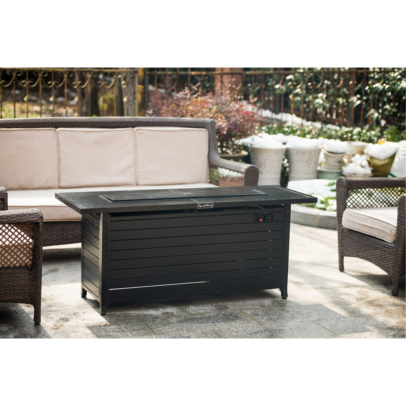 57In Outdoor Gas Propane Fire Pits Table, 50000BTU Firepit Fireplace Dinning Table With Lid, Fire Glass, Retangular, ETL Certification, For Garden Backyard Deck Patio-Hammered Black
