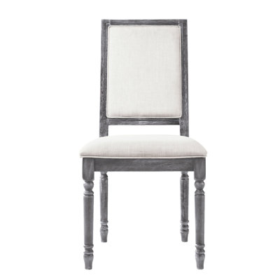 2 chaises, lin crème et gris patiné, dossier plein de 2, revêtement et garniture