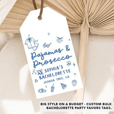 Custom Pajamas And Prosecco Favor Tags, White Blue Bachelorette Hangover Favor Tags, 20 Pack