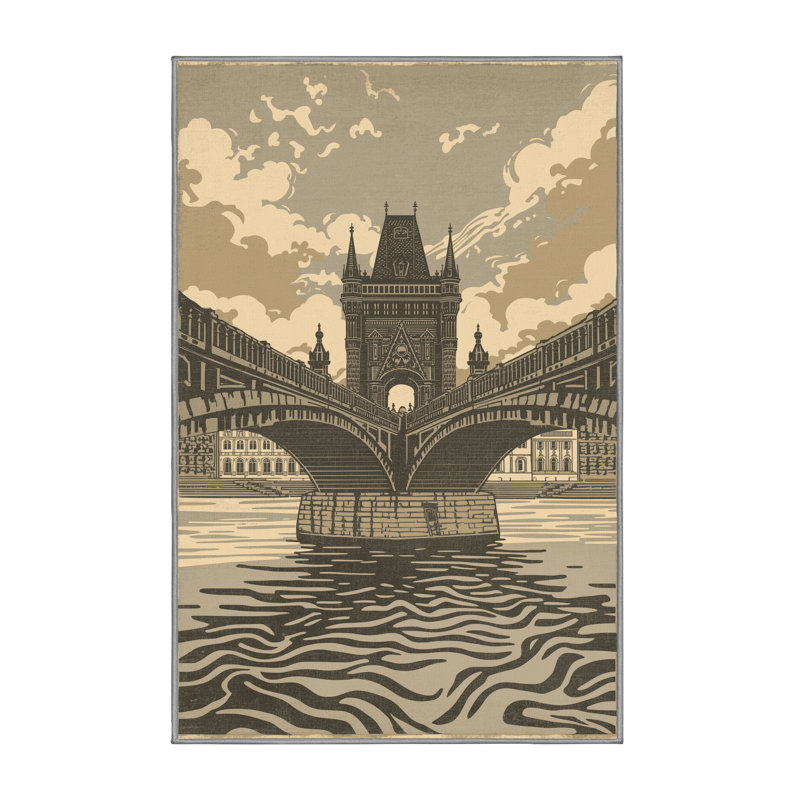 Soft Plush Beecher Prague Charles Bridge Vintage Block Print Area Rug in Brown – Gray Binding, 2x5