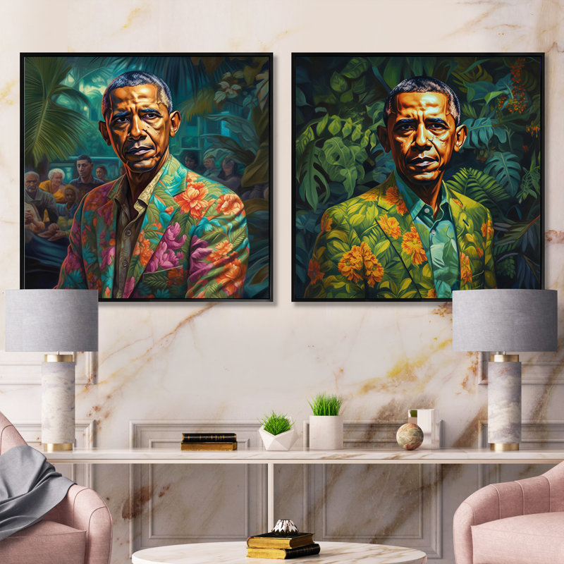 Obama Miami Vibes - président carré, ensemble de 2 collages, Cadre flottant noir, H 36 po x l 73 po