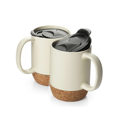 2-Piece Travel Mug Set | 15oz Beige Ceramic with Cork Base & Lid