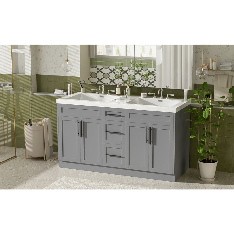 Meuble-lavabo double sur pied de 150,6 cm (59,3 pouces) avec comptoir intégré en SMC, armoire en MDF, 3 tiroirs, 4 portes à fermeture douce et étagères réglables.