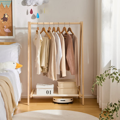 Kids Wooden Garment Rack Foldable Dress Up Clothes Organizer With Oxford Storage Bin