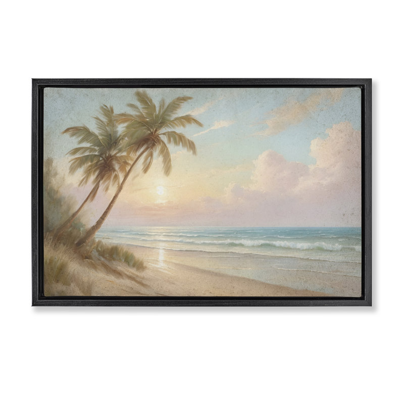 «Sunset View Beach Palms Floater», art mural par Kim Allen, H 17 po x l 25 po, Cadre flottant noir de jais