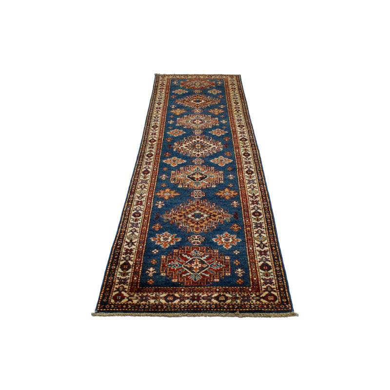 Chemin de table tribal Kazak 3 x 3 bleu clair et ivoire
