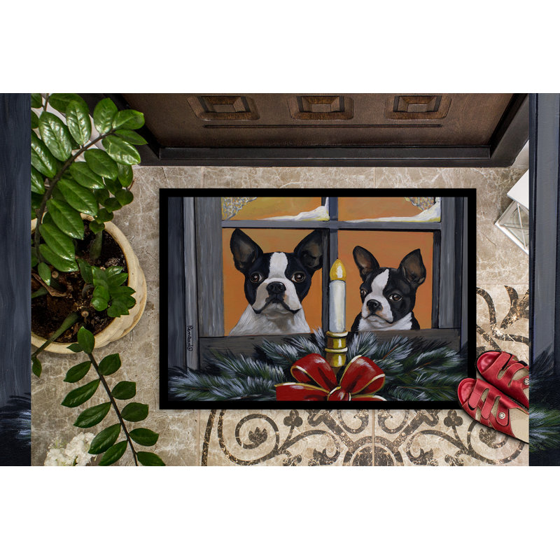 Guerriero Non-Slip Outdoor Door Mat, Boston Terrier Looking For Santa Christmas, 18 W" x 27 L"