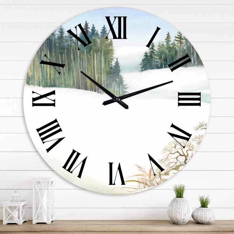 Forêt de pins dans un paysage d'hiver enneigé - Horloge murale traditionnelle, Surdimensionné