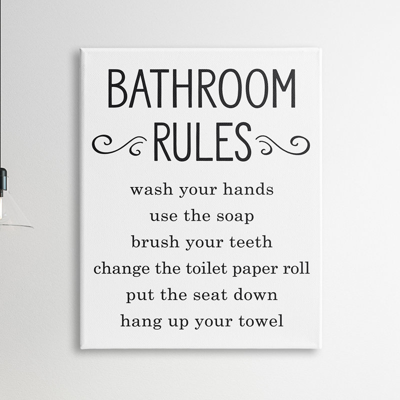«Minimal Bathroom Rules» signe une bonne hygiène familiale - art textuel, H 20 po x l 16 po, Toile tendue