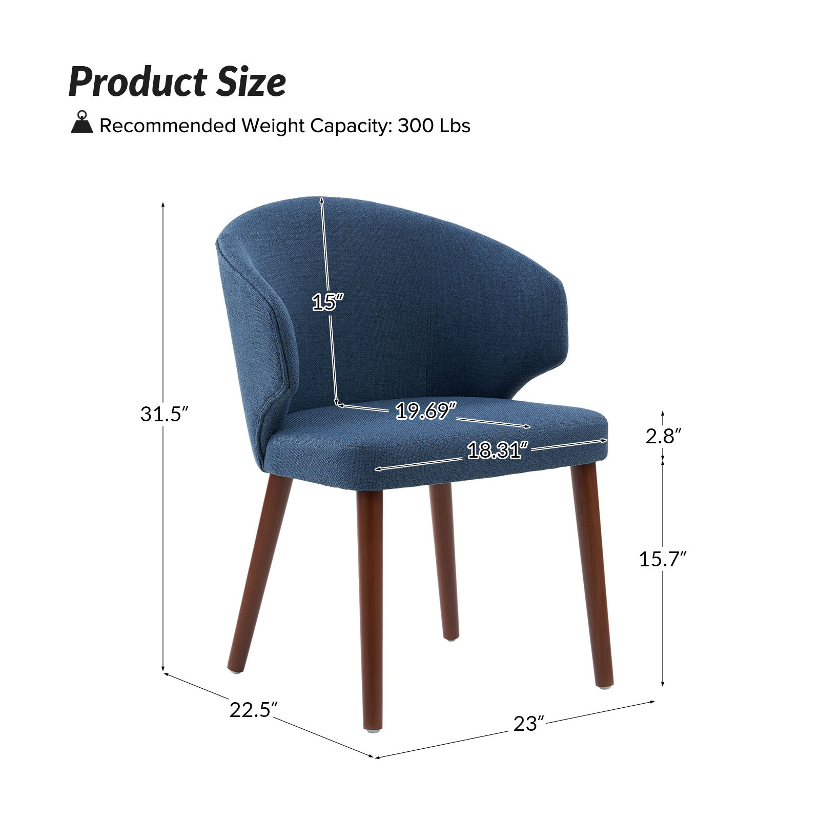 Kanalu Wing Back Side Dining Chair with Solid Wood Legs, Navy Linen