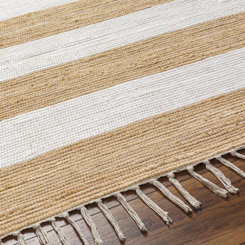 Tapis rayé en coton tissé à plat à la main Andreea - jaune / blanc, Rectangle 6 pi x 9 pi