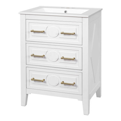 Ensemble de meuble-lavabo 24 po avec lavabo en céramique, ensemble de meuble-lavabo simple autoportant avec 3 tiroirs, armoire de rangement en bois massif, meuble-lavabo blanc rétro