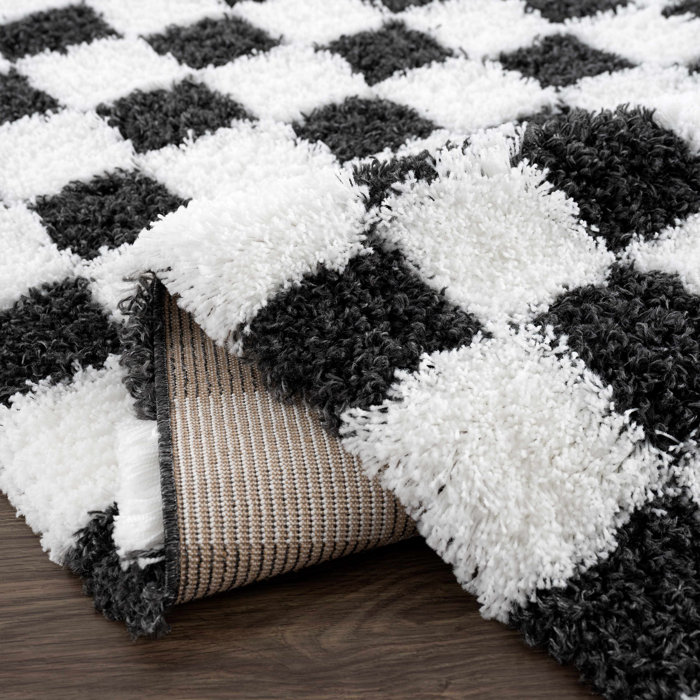 Latitude Run® Atiray Shag Checkered Modern Black / White Area Rug ...