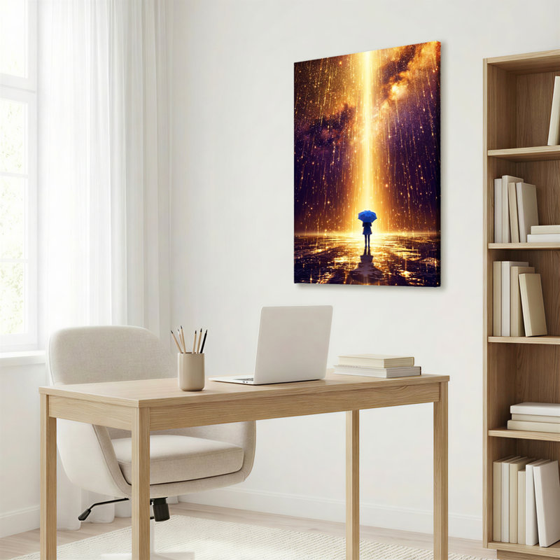 «Golden Light Rainfall with Umbrella», reproduction d'art sur toile tendue sur toile, ensemble de 1, 1218