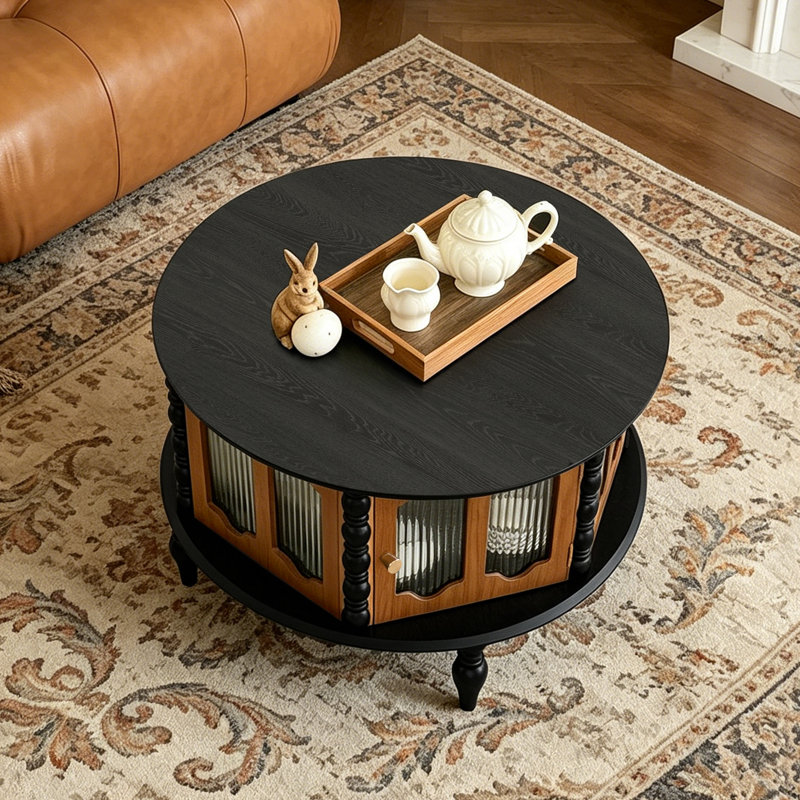 31.5" Round Solid Wood Coffee Table With Storage Function, Black