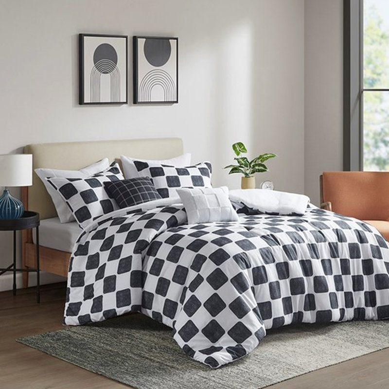 Édredon simple à carreaux en microfibre, rembourrage, motif noir et blanc moderne, 1 édredon, taie décorative, 2 coussins décoratifs avec coffre-fort pour la peau, lavable à la machine, coussins décoratifs, style