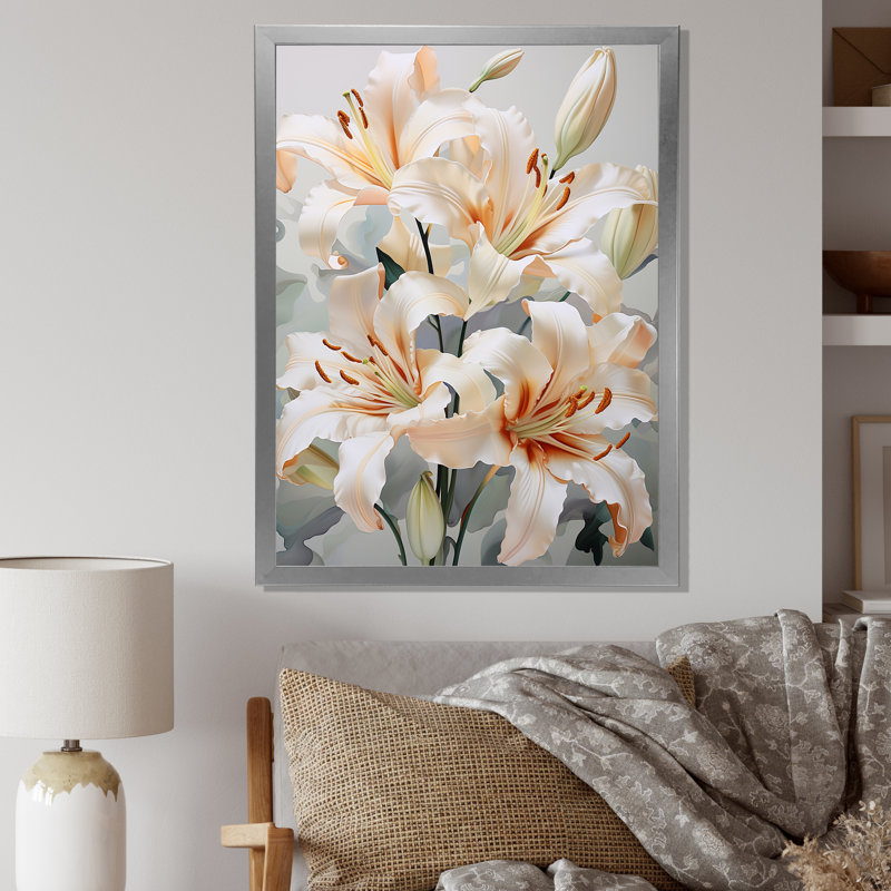 «Beige Lilies Simple Tranquility IV» sur toile, H 32 po x l 24 po x P 1 po, Cadre simple argenté
