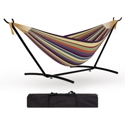 Hamac double avec support, hamac brésilien robuste pour 2 personnes, hamac intérieur et extérieur portable avec sac de transport, capacité de 450 lb, structure en acier peu encombrante pour la terrasse, le jardin, le camping, la plage