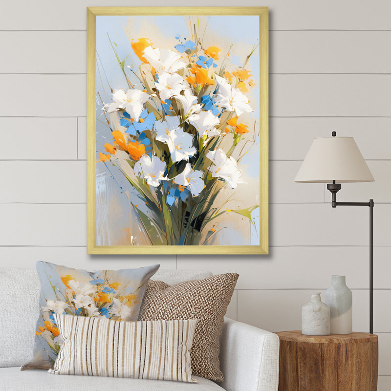 Fleurs bleues et blanches sur fond blanc, H 32 po x l 24 po x P 1 po, Cadre doré à une seule photo