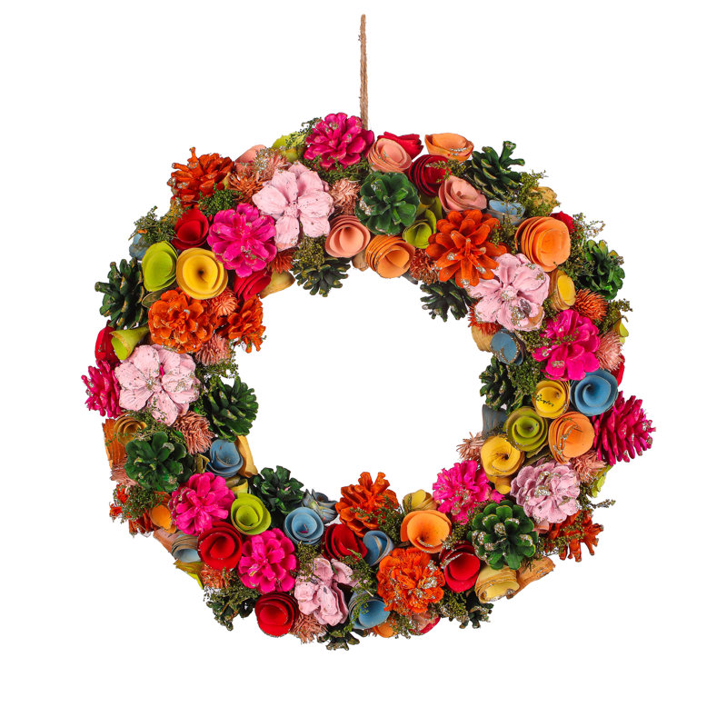 18" Spring Floral Wreath with Pinecones