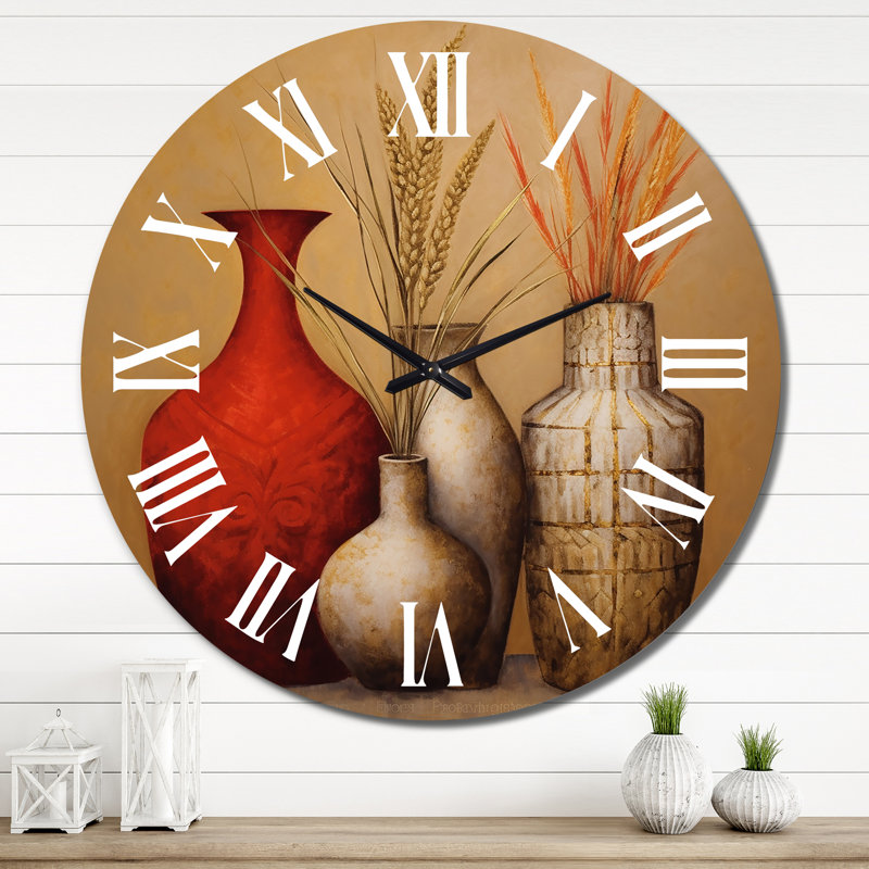 Horloge murale nature morte or rouge avec fleurs de blé, Très grand
