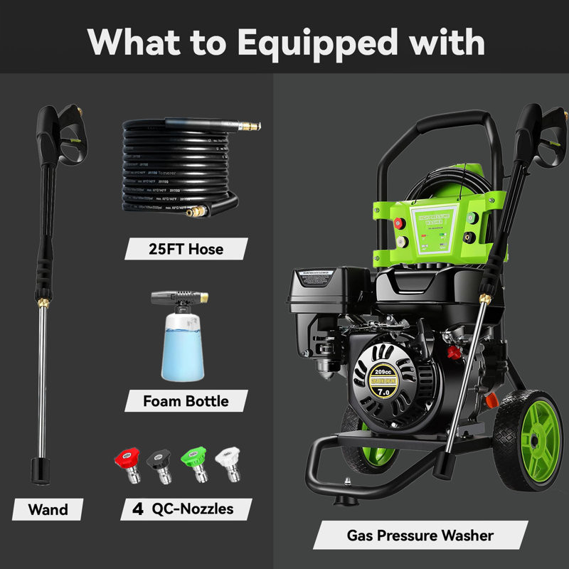 4200PSI Commercial Gas Pressure Washer, 2.4 GPM Residential Power Washer, 209CC,  7.0HP,  Cold Water, 25' Hose, Clean Machine, Onboard Soap Tank, Spray Gun and Wand, 4 Nozzle Set, for Cars/Fences/Driveways/Homes/Patios/Furniture