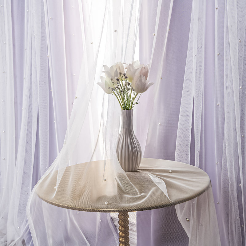 Pearl Beaded Tulle Overlay Room Darkening Grommet Curtains (Set Of 2), Lilac, 52" W x 96" L 