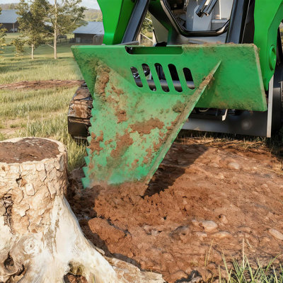 Economy Series Stump Bucket Attachment, Universal Skid Steer Quick Tach, Serrated Leading Edge, Tree Scoop Digger for Removing Smaller Tree Stumps and Light Duty Ripping Roots,Green
