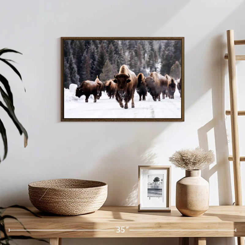 Winter Bisons, 19" X 13", Floating Frame Walnut
