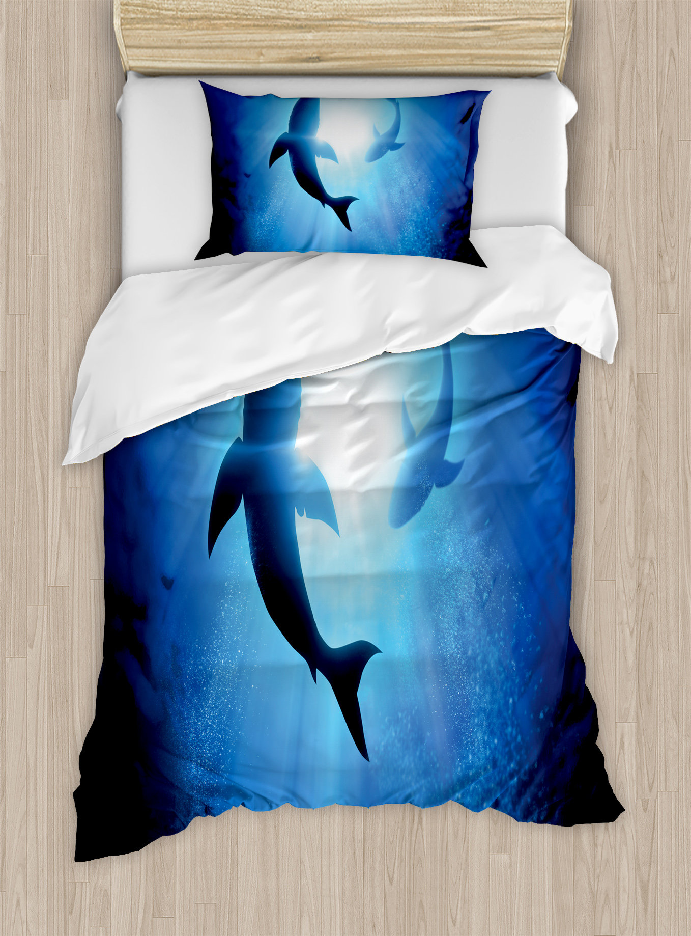 Shark Circling Cartoon Pattern Print Duvet Cover Bedding Set