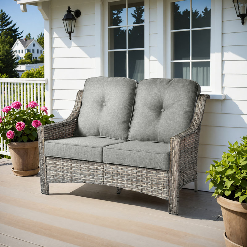Emanuell Wicker Outdoor Patio Sofa With Cushions, Gray
