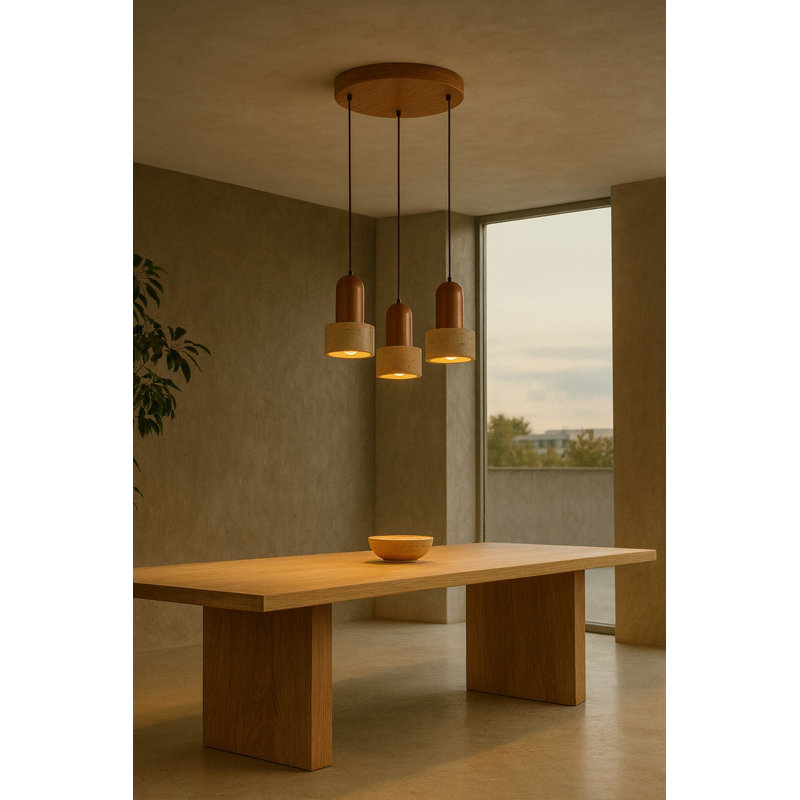 Lustre réglable élégant avec structure en placage de bois, finition beige et chêne | Capuchon en travertin de diamètre 12 po x 7,5 po | Hauteur: 9,4 à 60,6 po | 3 x douilles E27 (ampoule non incluse) | Parfait pour les salles à manger et les espaces de vie