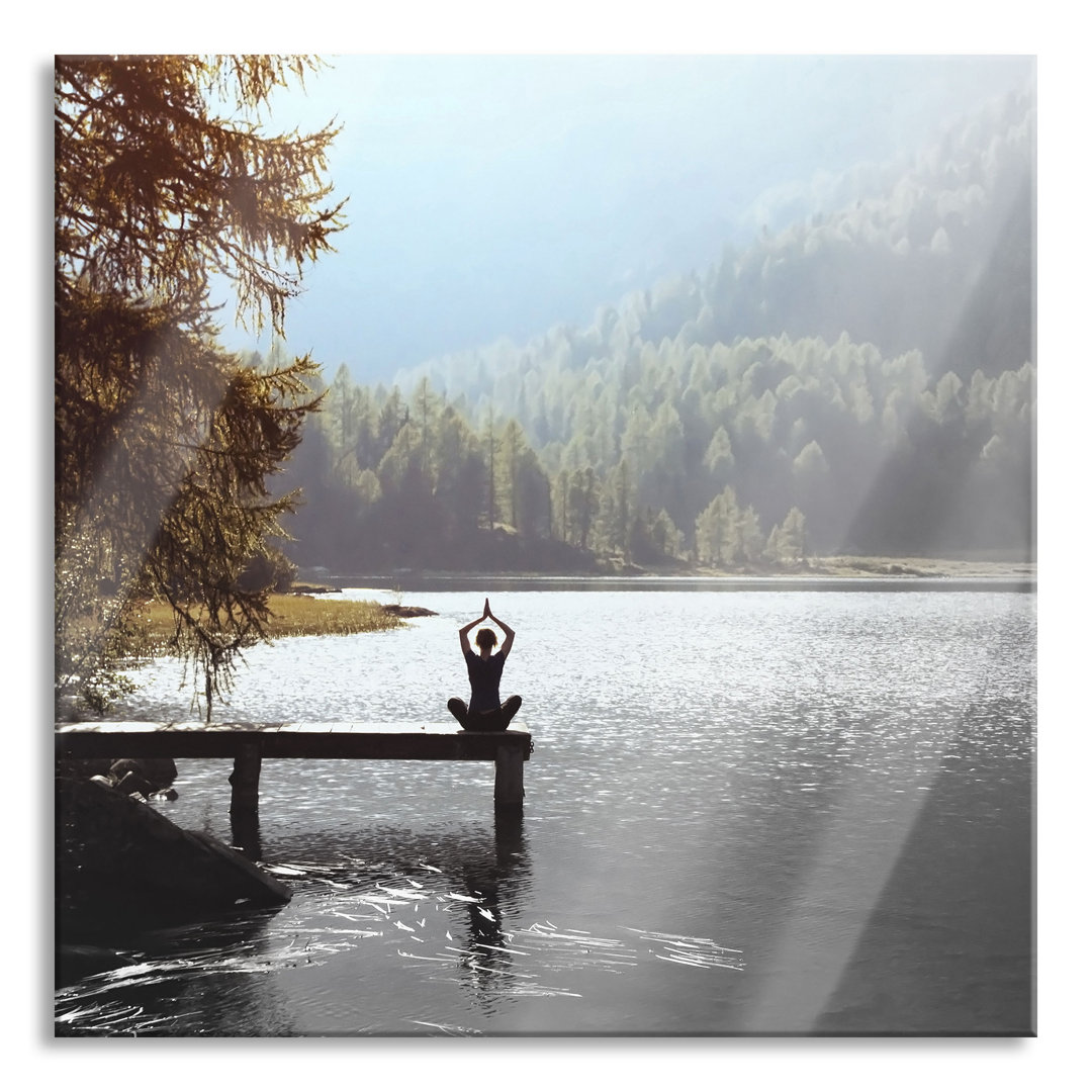 Glasbild Yoga am See