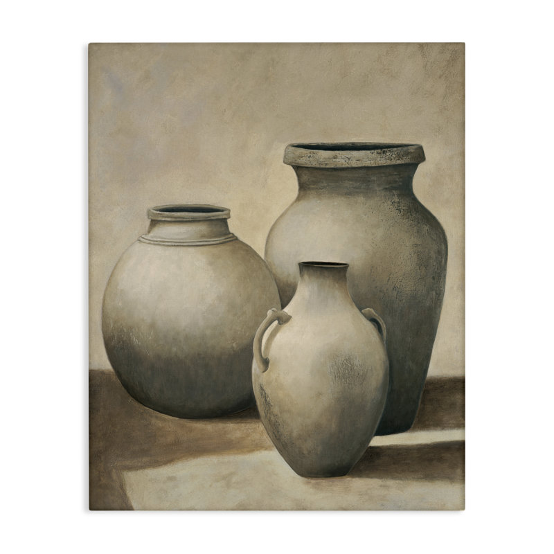 Trio de vases sur toile nature morte, conception d'André Mazo, H 48 po x l 36 po