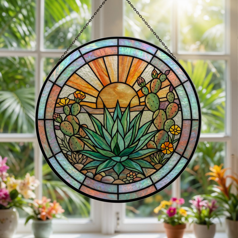 Desert Sunlight Stained Glass Window Panel，7.8H, 7.8"H