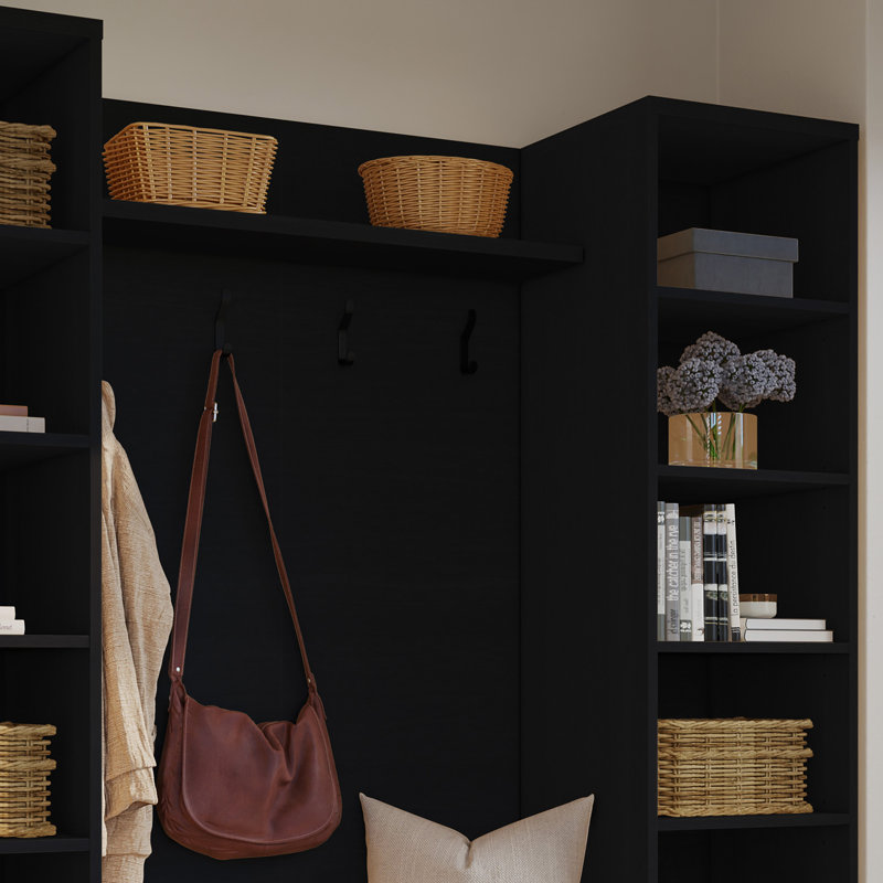Porto Entryway Wall-Mounted Coat Rack with Shelf with Storage Bench and 2 Storage Towers, Black