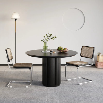 31.5 Inch Round Dining Table for 2, Circle Kitchen Table with Wood Strip Base, Modern Farmhouse Dinner Tables for Kitchen, Living Room