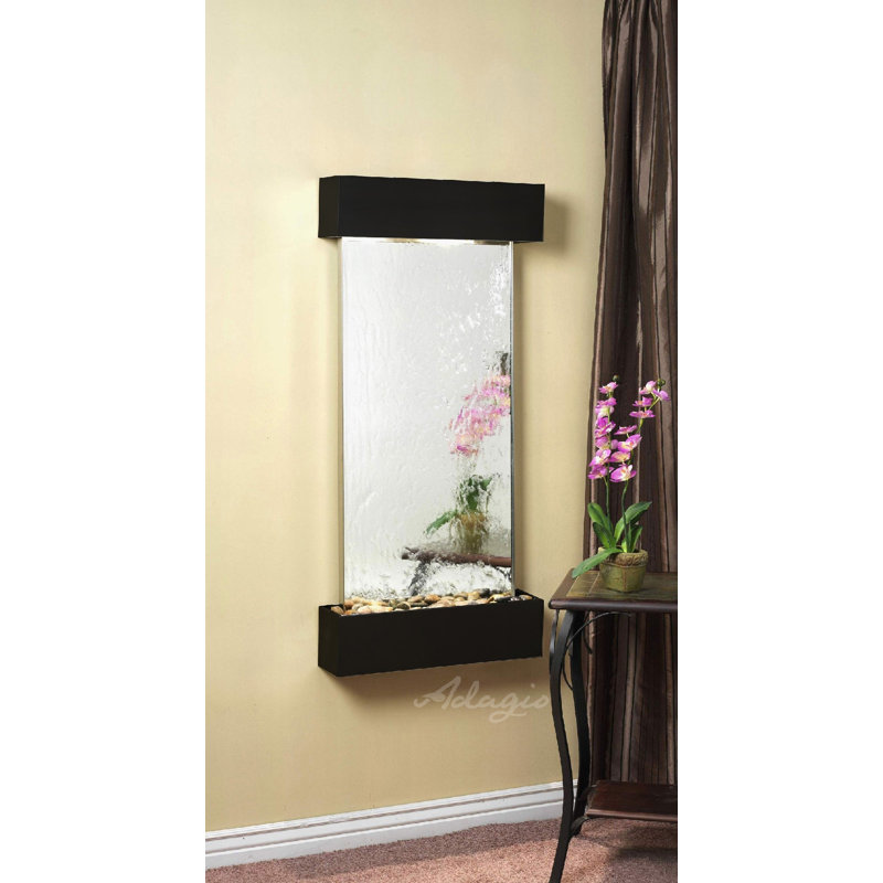 Cascade Springs Natural Stone Waterfall Fountain with Light, Blackened Copper, Silver Mirror