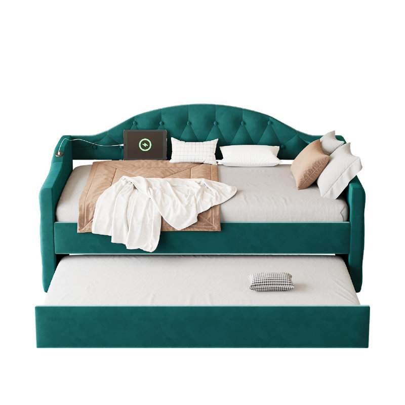 Lit de jour simple tapissier capitonné avec couchette, canapé-lit en velours avec ports USB et ports de charge de type C, sans sommier, vert