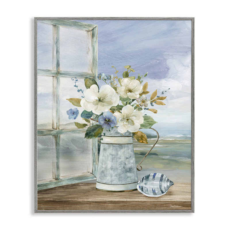 Giclée encadrée à motif floral, bord de mer, par Carol Robinson, H 14 po x l 11 po, Giclée de ferme grise encadrée