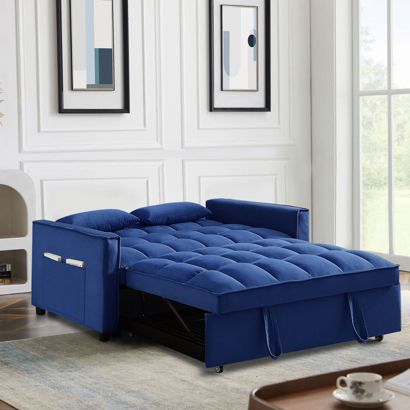 Canapé-lit à accoudoirs carrés en velours de 55 po de large avec dossier inclinable et 2 coussins décoratifs Eiri, Bleu