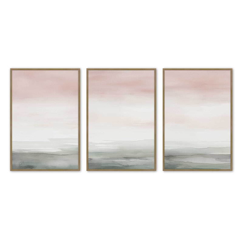Ensemble de 3 impressions Peach Tranquility dans un cadre doré poli, 24 po x 18 po, Or brossé, H 25,25 po x l 57,75 po